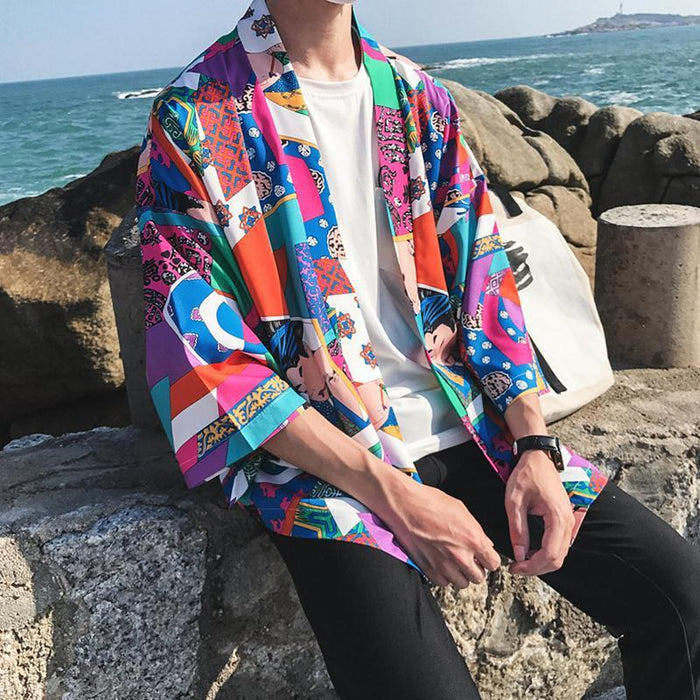 Japanese Style Kimono Jacket Men Summer Sleeve Men's Kimono Jackets harajuku men's cardigan outwear